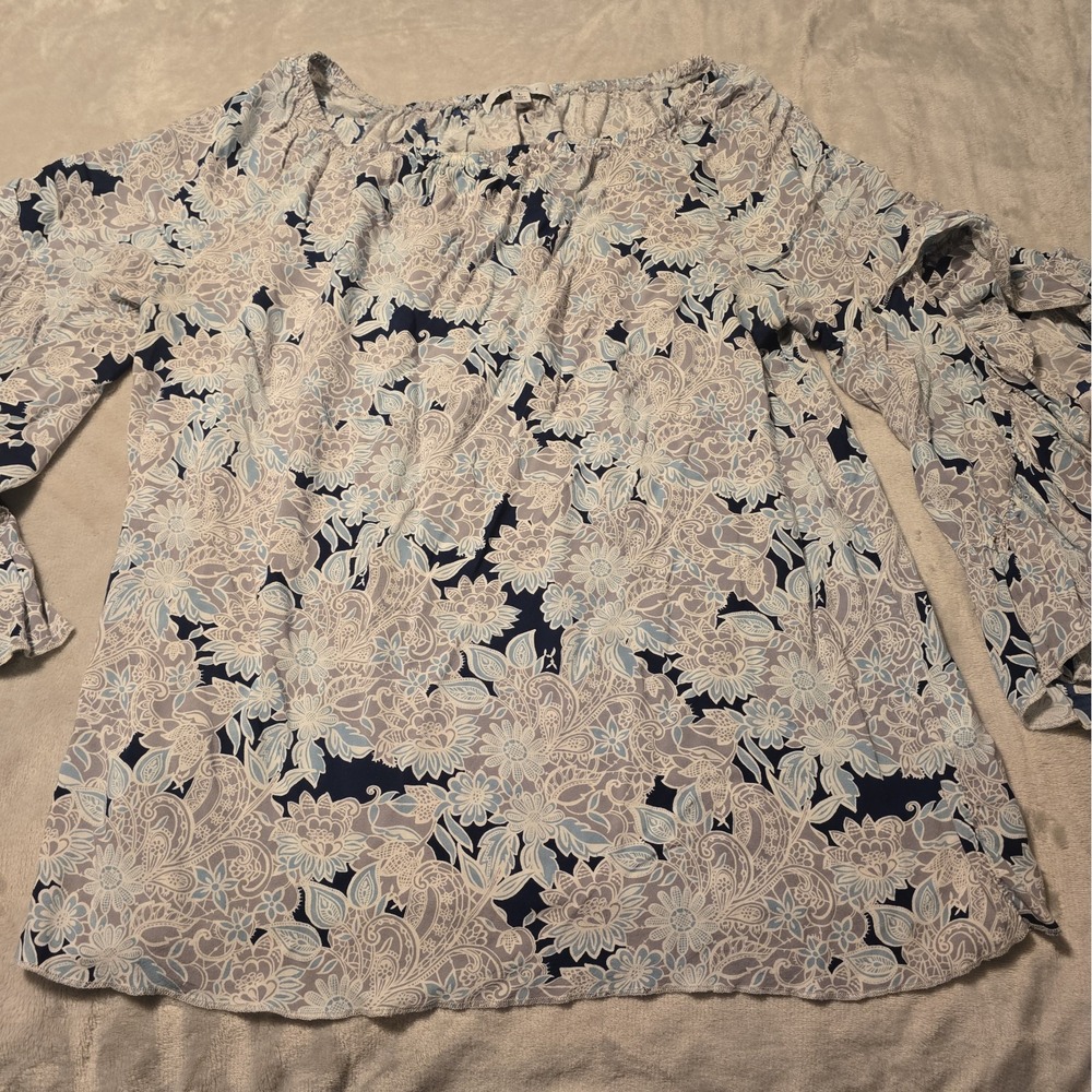 Women's Blue Floral Bell Sleeve Blouse Soft Rayon Large Boho Cottagecore Peasant